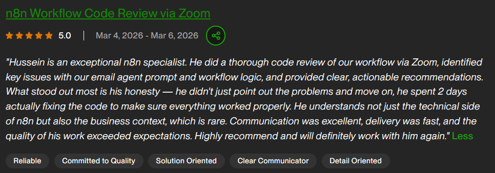 5-star Upwork review from Anara — n8n Workflow Code Review