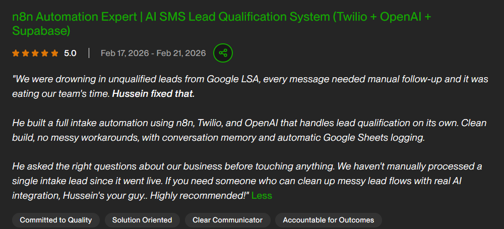 5-star Upwork review from Sean — AI SMS Lead Qualification System